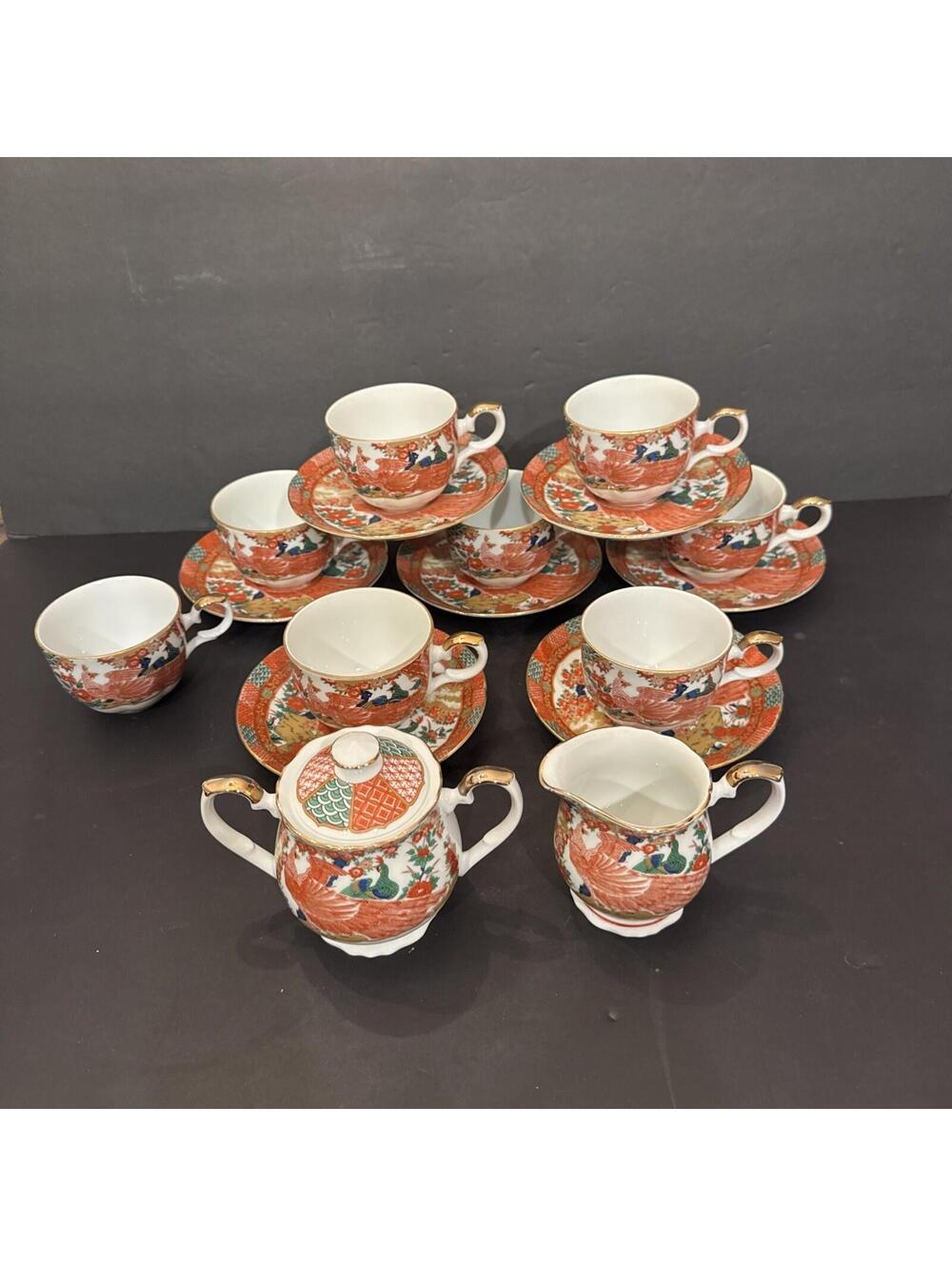 Imari Peacock By Arita 17 Piece Tea Set 8 Tea Cups 7 Saucers Sugar & Creamer